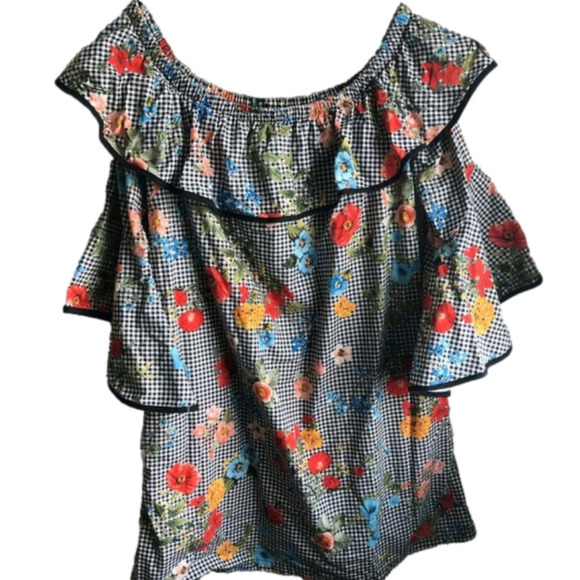 Zara Floral and Gingham Off the Shoulder Top - Picture 1 of 10